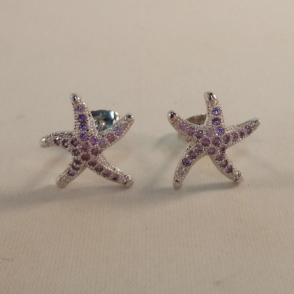 18K White Gold Filled Starfish Sea Life Purple Diamond Zircon Star Stud Earrings - Picture 2 of 6